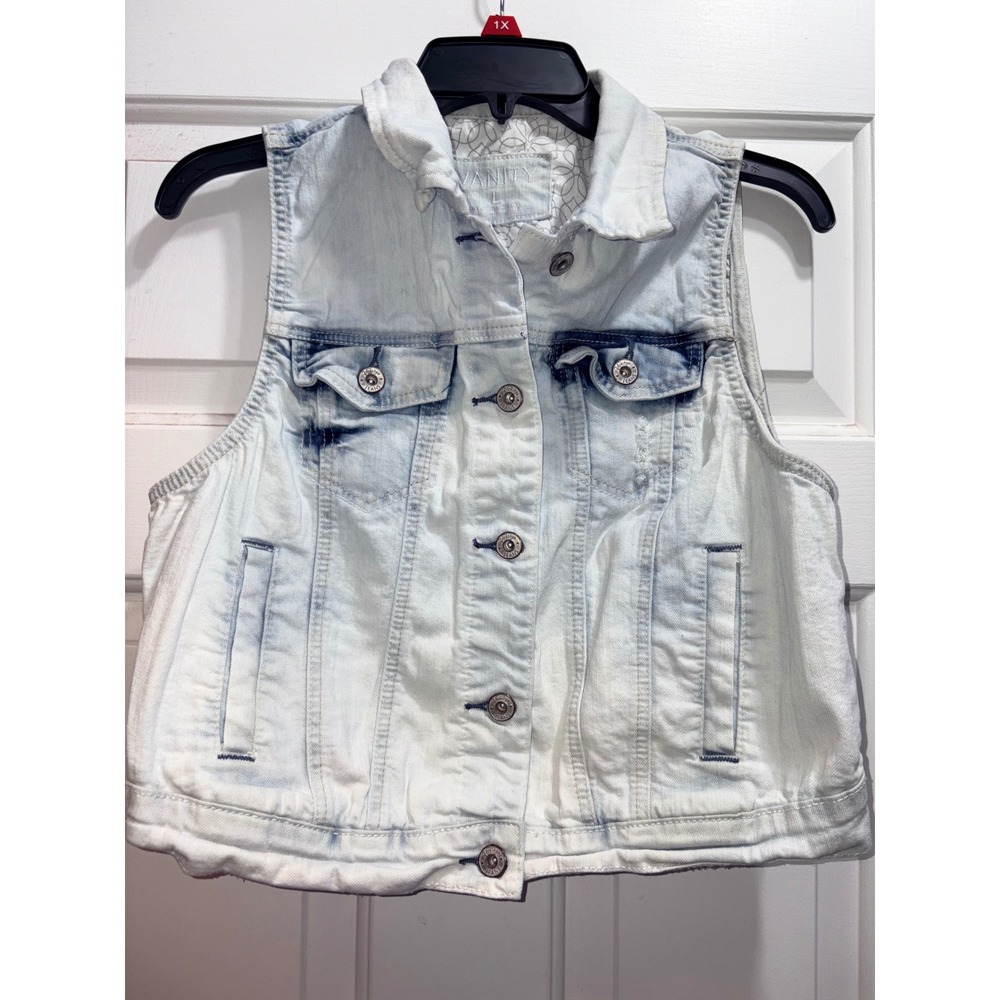 Vanity Women Light Wash Distressed Denim Vest Sleeveless Trucker Jacket Large